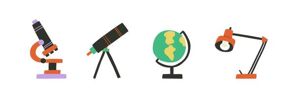 Set of telescope, microscope and globe in flat style. Natural phenomena. Hand drawn illustration. vector