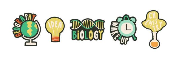 A set of cool stickers on the school theme in a flat style. Study, stickers, notes. Hand drawn illustration. vector