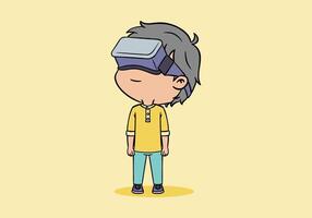 Cute boy chibi character using virtual reality VR gadget, yellow background vector