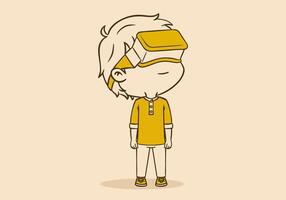 Cute boy chibi character using virtual reality VR gadget in retro or vintage colors vector