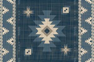 Intricate Geometric Rug Design in Blue and Beige Tones with Tribal and Ethnic Motifs, Featuring Bold Central Diamond Patterns, Decorative Borders, and Symmetrical Star Elements vector