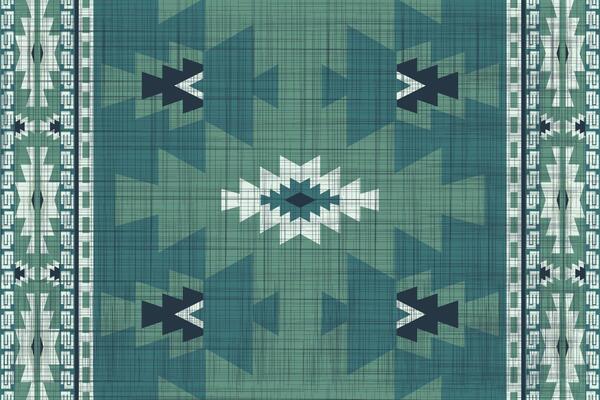 Tribal Geometric Rug Pattern in Green and White with Symmetrical Arrow Motifs, Bold Central Diamond Shapes, and Decorative Borders, Perfect for Southwestern and Bohemian Inspired Interior Designs