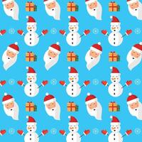 Seamless pattern with Santa, snowman and gifts on blue background. vector