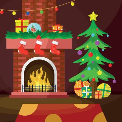 Fireplace with gifts, tree, decorations and a carpet.
