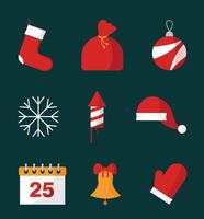Set of icons on a dark background. Snowflake, calendar and more. vector