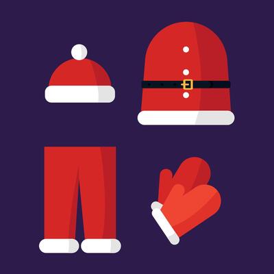 Details of Santa Claus costume with belt, hat and mittens.