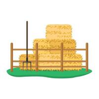 Straw bales with pitchfork behind fence. vector