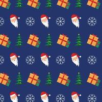 Seamless pattern with Santa, snowflakes, gifts and tree on blue background. vector
