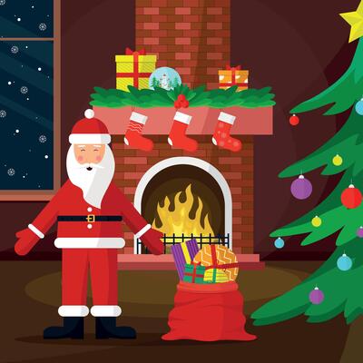 Santa with a bag of gifts. Fireplace with fire.