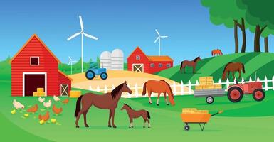 Stable with horses, chickens and tractors. vector