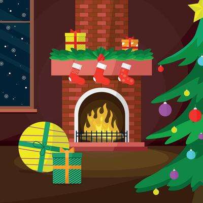 A fireplace in a room with gifts, decorations and a window with snowflakes.