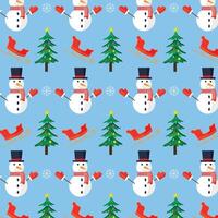 Seamless pattern with snowman, sleigh on blue background. vector