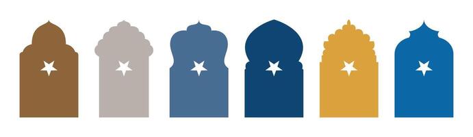 Islamic shape of door or window silhouette Arabic arch, five-pointed star symbol. Collection in oriental style. Frames in Arabic Muslim design for Ramadan Kareem. Mosque gate shape on transparent vector