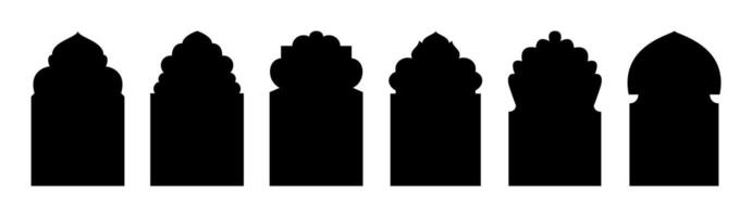 Shape Islamic door and window silhouette Arabic arch. mosque gate shape isolated on transparent. Collection of patterns in oriental style. Frames in Arabian Muslim design for Ramadan Kareem vector
