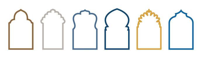 Shape Islamic door and window silhouette Arabic arch. mosque gate stroke isolated on transparent. Collection of patterns in oriental style. Frames in Arabic Muslim design for Ramadan Kareem vector