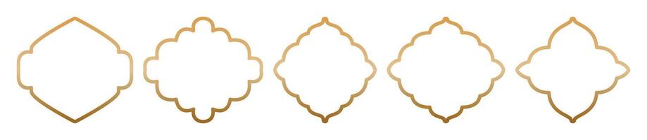 Islamic vintage shapes outline with gold gradient isolated on transparent background. Lines frames ornate, badges, labels set. Frames in Arabic Muslim design for Ramadan Kareem. Mosque gate shape vector