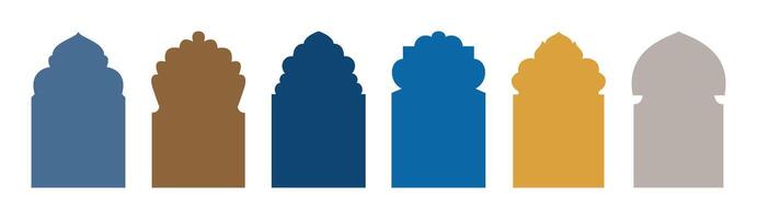 Shape Islamic door and window silhouette Arabic arch. mosque gate shape isolated on transparent. Frames in Arabic Muslim design for Ramadan Kareem. Collection of elements in oriental style vector