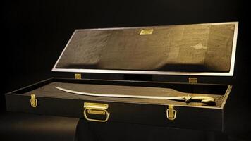 Exhibit in museum is old saber on isolated background. Stock footage. Old saber is in open suitcase as exhibit in museum of weapons or folk life photo