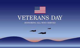 Veterans Day greeting card with silhouette of several fighter planes in the sky on a mountain range at sunrise. vector