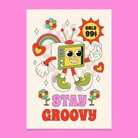 Groovy 70s flyer template in hand drawn style vector