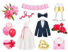 Wedding elements set in realistic style vector