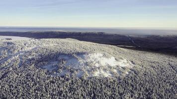 Top view of hilltop covered with snow. Footage. Winter landscape of mountain area with dense coniferous forest covered with snow and foggy horizon with blue sky photo