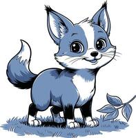 a cartoon blue fox with a leaf in its mouth vector