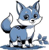 a cartoon blue fox with a leaf vector