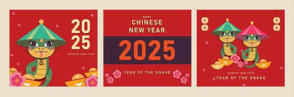 2025 Chinese New Year, Year of the Snake. Set of posters design with cute zodiac snakes, New Year's card, New Year's greetings, Happy New Year vector