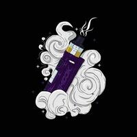 A purple electronic cigarette with clouds and smoke vector
