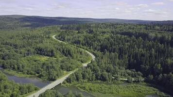 Aerial view of a road in autumn surrounded by pine tree forest. Clip. Top view of the road in the forest photo