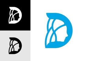 Human face logo with technological elements and the initials D. vector
