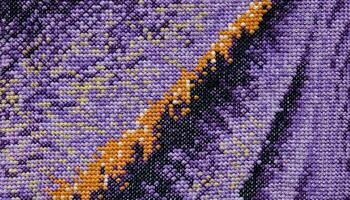 Purple, violet and brown close-up cross stitch background. Abstract Embroidered handmade Pattern. Needlework and DIY concept. Top view, macro, flat lay, mockup. photo