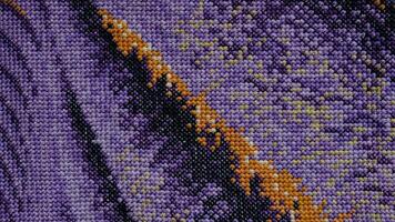 Purple, violet and brown close-up cross stitch background. Abstract Embroidered handmade Pattern. Needlework and DIY concept. Top view, macro, flat lay, mockup. photo