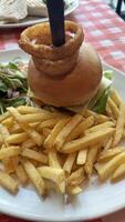 Burger with Onion Ring and Fries photo