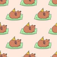 Seamless pattern with animal capybara and chick bird sleeping on a pillow. Background with cartoon characters relaxing vector