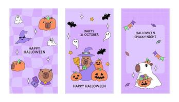 Party invitation templates set with Halloween with funny capybara animals in wizard, ghost, pumpkin costumes. Trendy stories designs for social media. Collection of vertical frames vector