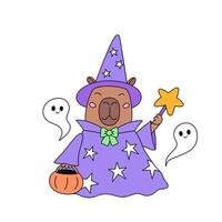 Funny animal capybara wizard and little cute ghosts. Halloween Character. Design element for October holiday vector