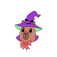 Funny animal capybara in wizard hat with with smiling face. Cartoon character. Clipart on the theme of fairy tales and magic. Design element for October holiday Halloween vector