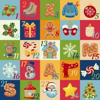 Advent calendar featuring 25 festive squares with a Christmas themed object such as mittens, ornaments, and holiday treats. For seasonal project, greeting card, and holiday decoration. vector
