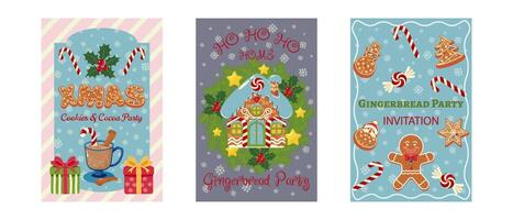 Set of three Christmas party invitations featuring holiday cookies, cocoa, candy cane, and gingerbreads. Design for greeting card, invitation, and poster. vector