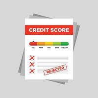 Rejected credit score gauge speedometer indicator with color levels on paper sheets vector