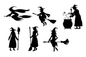Halloween silhouette Witch on broomstick, Witch Riding A Broomstick silhouette icon set vector