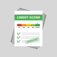 Approved credit score gauge speedometer indicator with color levels on paper sheets vector