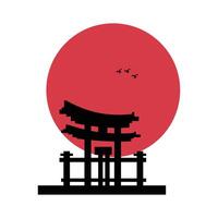 A Japanese temple icon isolated on the red sunset background. A temple or shrine of Japanese traditional treasure. A hallmark of the nations long, Historical building vector