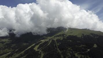 View of the Valley in early morning aerial view. Aerial view drone flying in the valley with pine tree forest in the mountain range photo
