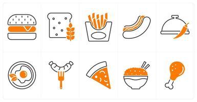 A set of 10 food and drink icons as burger, bread, french fries vector
