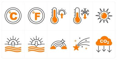 A set of 10 weather icons as celsius, fahrenheit, high temperature vector