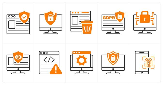 un conjunto de 10 gdpr íconos como protegido sitio web, seguridad incumplimiento, Derecha a ser olvidado vector
