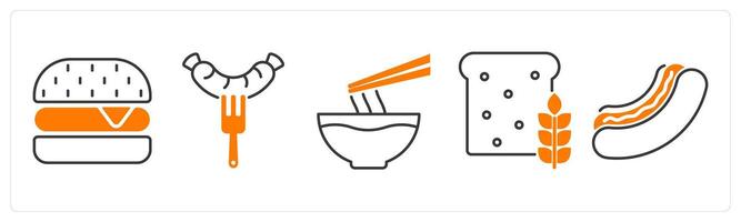 A set of 5 food and drink icons as burger, sausage, noodle vector